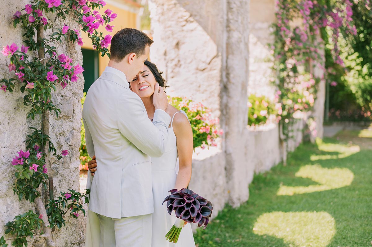 romantic wedding at belmond Hotel Caruso groom ready couple shots