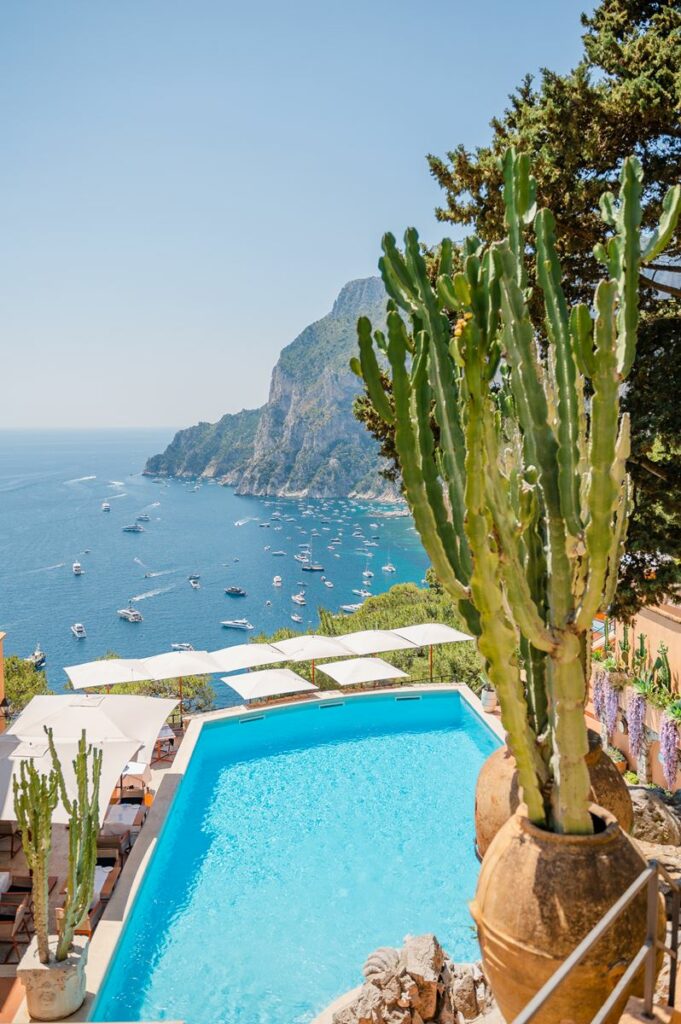 A breathtaking view of Capri’s coastline with a luxurious pool and lush cacti, beautifully captured by a Capri wedding photographer